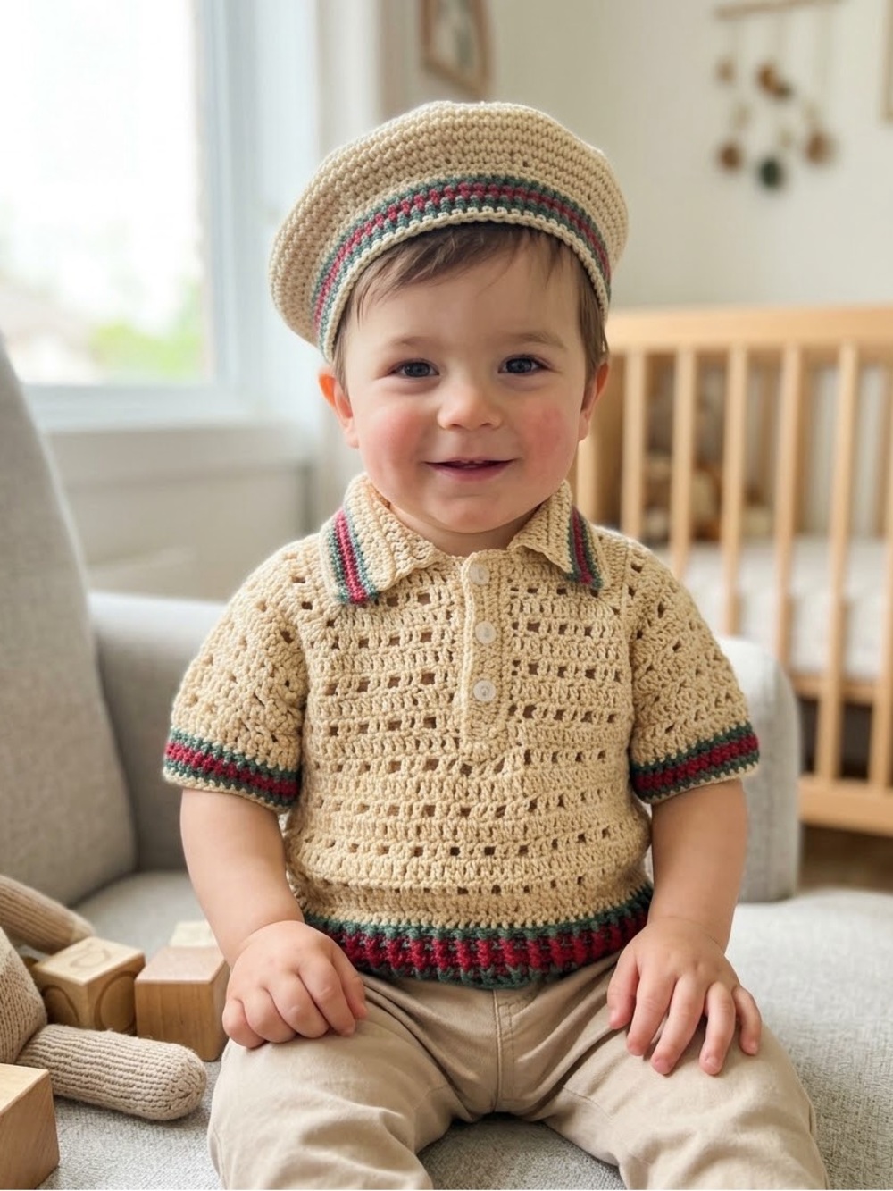 Handcrafted Crochet Baby Polo Shirt and Matching Beret hat